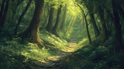 Naklejka premium A sunlit path winds through a dense, green forest, with dappled sunlight filtering through the canopy.