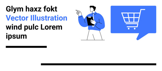 Professional man with clipboard pointing, digital shopping cart in speech bubble. Ideal for e-commerce, business solutions, digital marketing, online retail, presentations, web design, sales