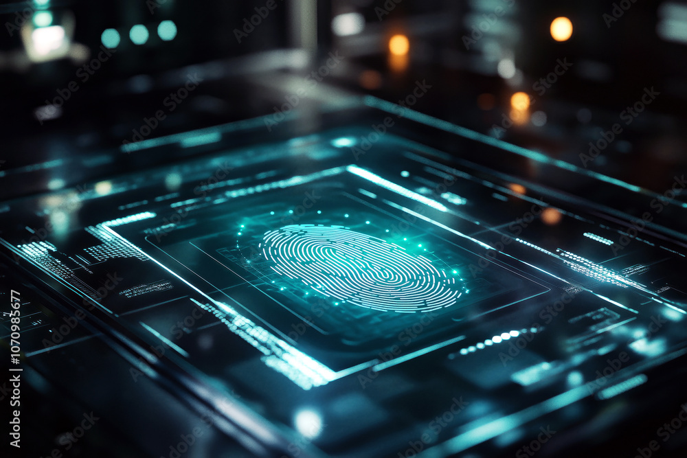 Aufkleber close-up of a futuristic fingerprint scanner glowing on a glass surface, digital interface with scan