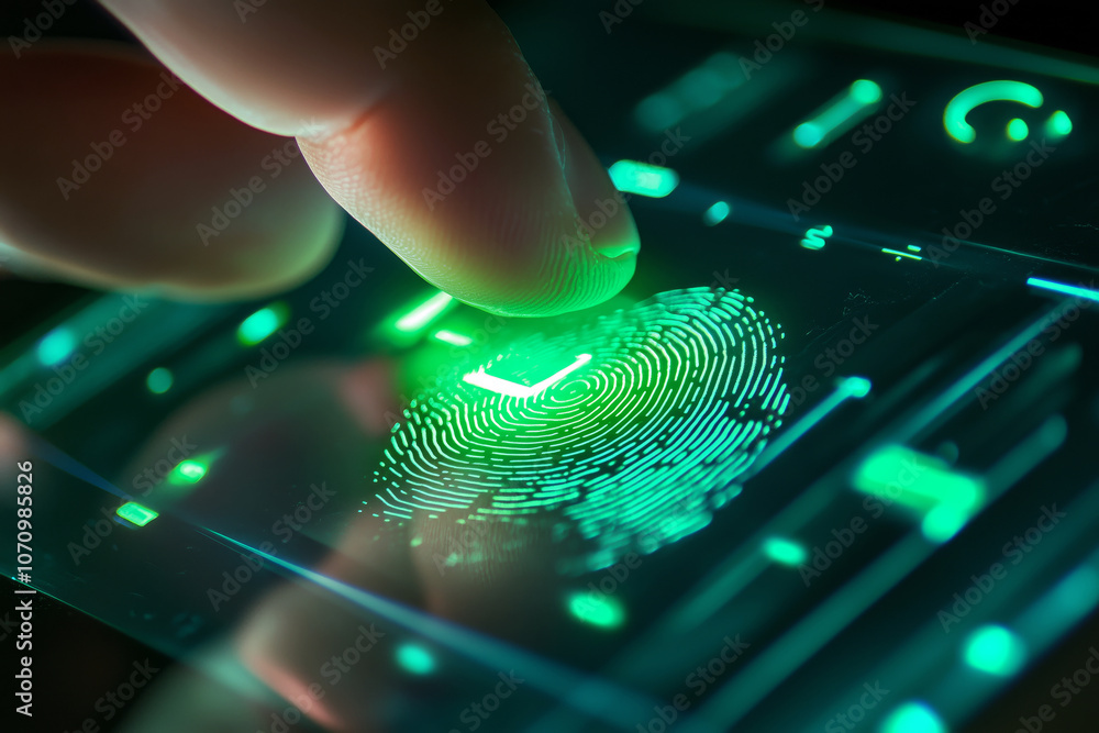 Poster close-up of a hand placing fingers on a transparent fingerprint scanner, with green scanning light a