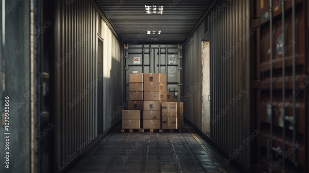 Poster Storage space filled with cardboard boxes and storage containers