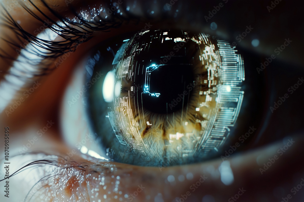 Aufkleber detailed close-up of an eye with a futuristic hud display showing biometric data being analyzed by a