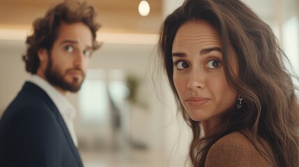 Two individuals share a moment of curiosity and intrigue in a modern setting.