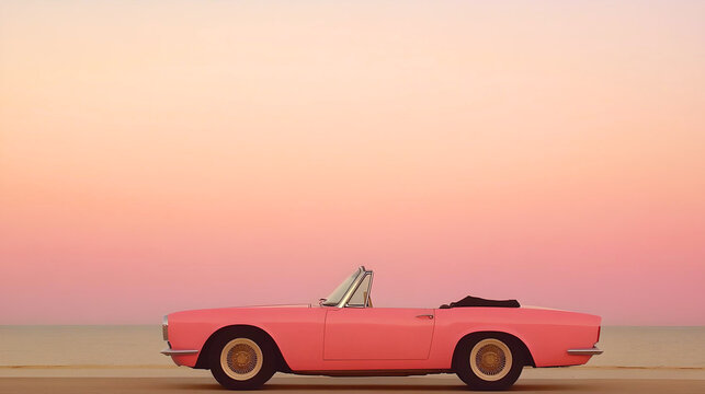 Fototapeta Vintage Pink Convertible at Sunset Desert Road 