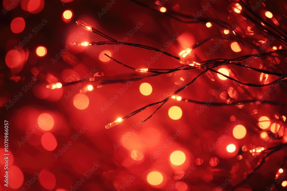 Poster A close-up shot of a tree adorned with string lights, suitable for use in winter or holiday-themed designs