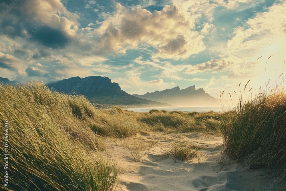 Poster a scenic view of a sandy beach with lush green grass and mountains in the background