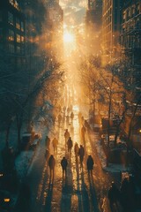 Fototapeta premium Silhouettes of People Walking Through a Snowy City Street at Sunset