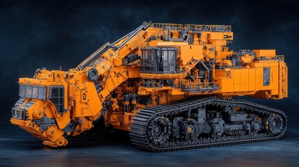 A large yellow, tracked construction vehicle with a large, articulated boom and a cab for the operator.