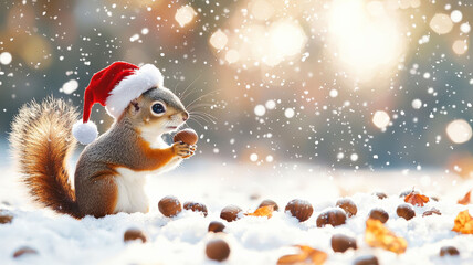 Obraz premium A happy animated squirrel gathering acorns in the snow, wearing a tiny Santa hat, with soft snowflakes falling around