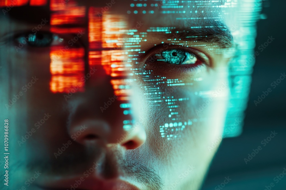 Aufkleber A close-up view of a person's face with a computer screen visible in the background, great for showcasing digital presence or technology-related concepts