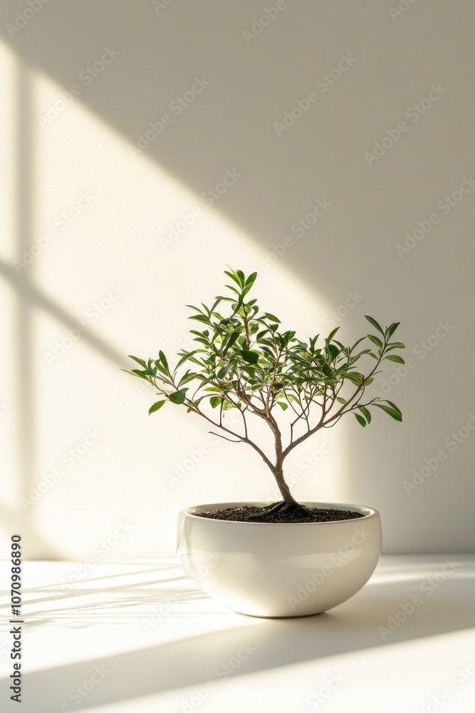 Poster a small potted plant sits on a table in front of a window, providing a natural touch to the space