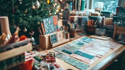 A creative workspace filled with supplies for making DIY Christmas cards, including stamps, stickers, and colorful paper.