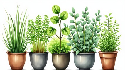 Fototapeta premium A set of different microgreens in modern pot on white background, watercolor illustration