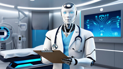 A humanoid AI robot dressed as a doctor, holding a clipboard in a futuristic high-tech medical laboratory.