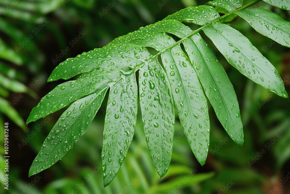 Poster A detailed view of a leaf with water droplets glistening in the light, suitable for use in nature or science-related contexts