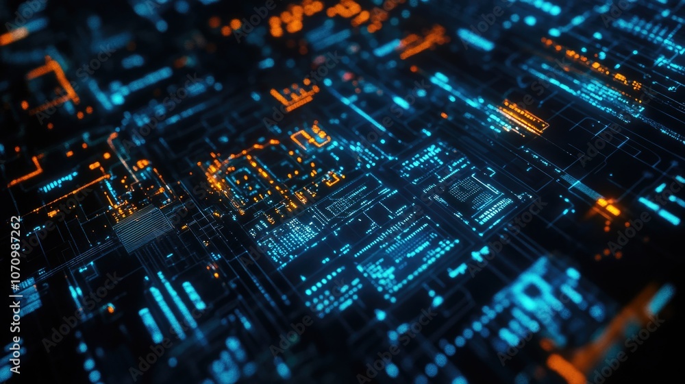 Poster A detailed view of a computer circuit board, showing the intricate connections and components