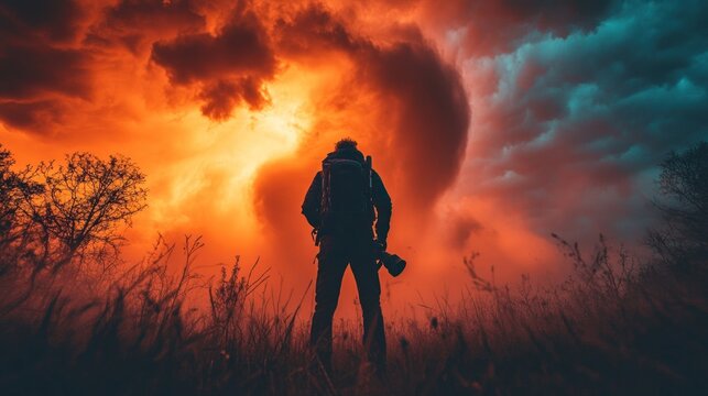 A lone photographer silhouetted against a dramatic, stormy sky.