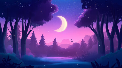 Magical fantasy fairy tale scenery, night in a forest. Fantasy. Illustration