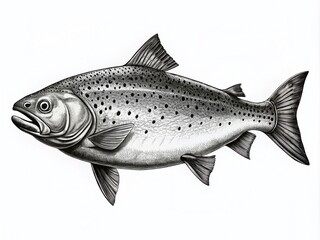 Obraz premium Hand Drawn Black and White Illustration of Whole Salmon Fish, Vintage Style Ink Sketch with Crosshatching on Transparent Background for Art and Design Projects