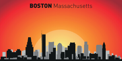 Boston city skyline with silhouettes of buildings against the backdrop of a large yellow sun and orange sky. Vector on the background of sunset