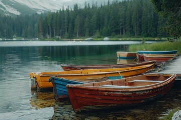 Obraz premium A group of boats resting on the calm surface of a lake, perfect for a serene atmosphere