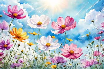 Lush garden of cosmos flowers painted in vivid colors beneath deep blue sky. Blossoms in full bloom wave gracefully, infusing scene with vibrant energy, tranquility, perfect for nature lovers, print.