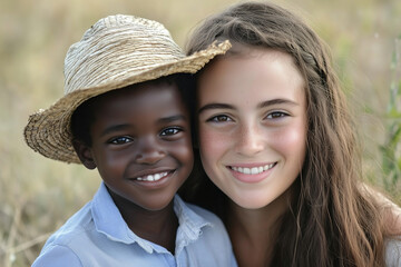 Obraz premium Children smiling together outdoors in a sunny field, showcasing friendship and joy during a warm summer day. Generative AI