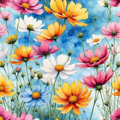 Lush garden of cosmos flowers painted in vivid colors beneath deep blue sky. Blossoms in full bloom wave gracefully, infusing scene with vibrant energy, tranquility, perfect for nature lovers, print.