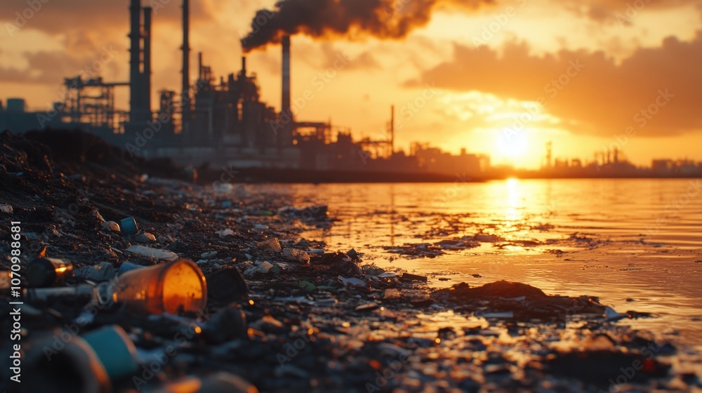 Poster a beach with trash scattered around at sunset time, suitable for environmental or pollution-themed p