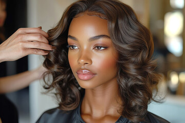 Naklejka premium Professional stylist adding finishing touches to woman's hair in salon setting
