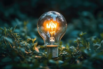 A light bulb sits atop a lush green field, providing a pop of color and contrast