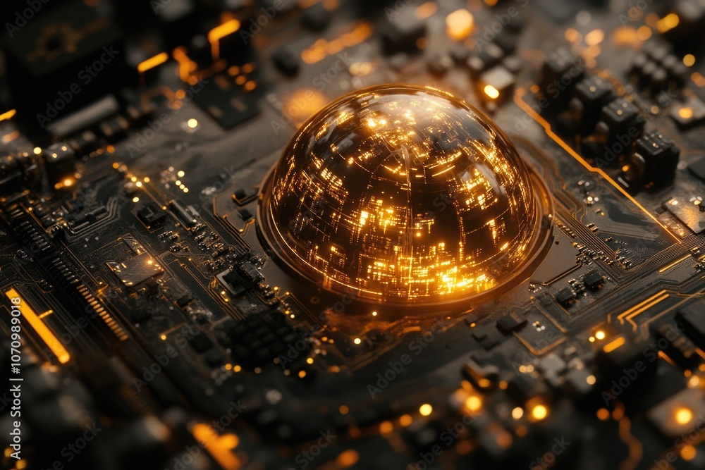 Poster Close-up of a circuit board with a glowing sphere, useful for tech-related illustrations and designs