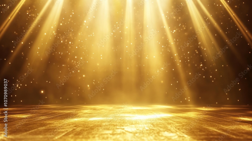 Poster a shimmering golden stage with light beams and sparkles, creating an enchanting atmosphere.