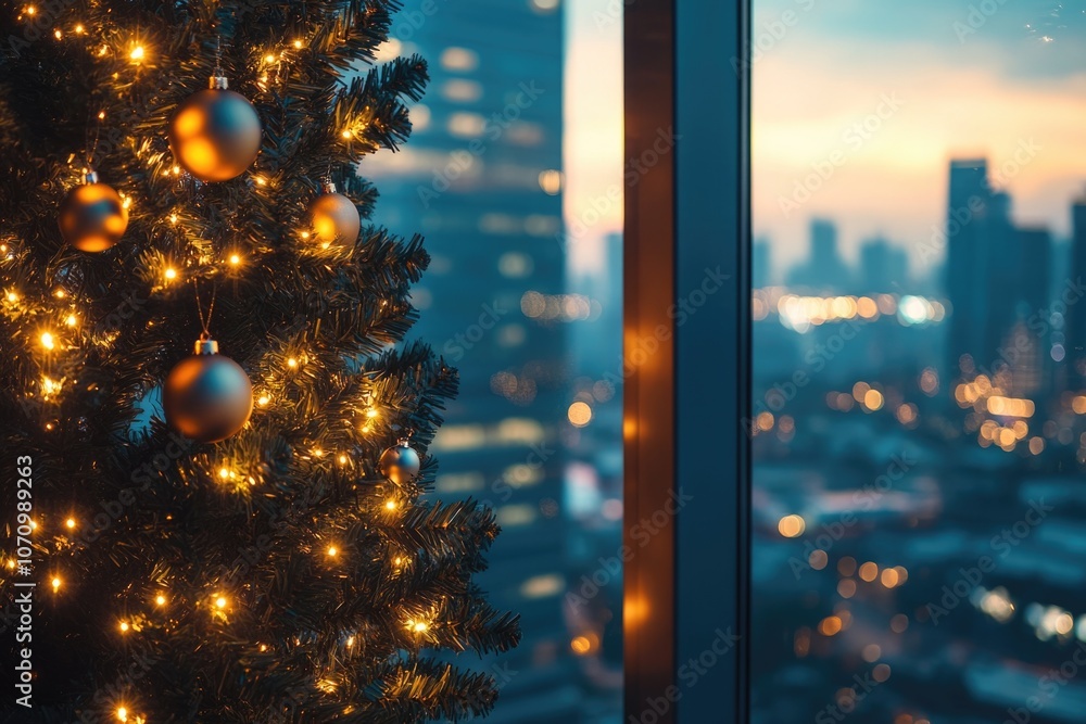 Poster a festive christmas tree stands in front of a window offering a view of the city skyline during the 