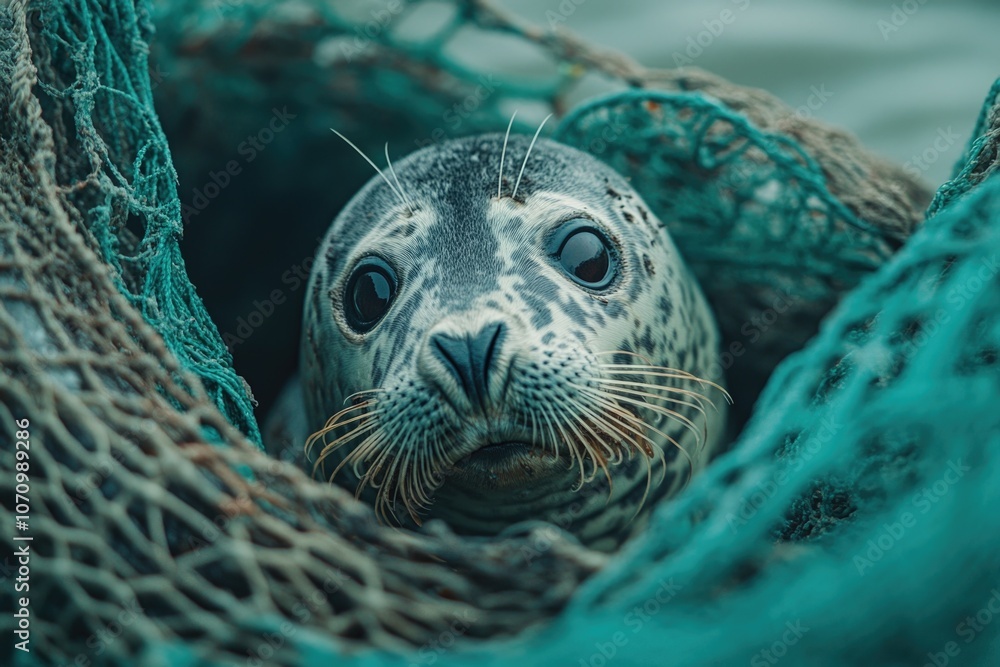 Poster close-up view of a seal stuck in a fishing net