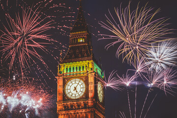 New Year in the city - Big Ben with fireworks