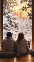 Couple admiring a snowy winter scene from the warmth of their home during a stunning sunset