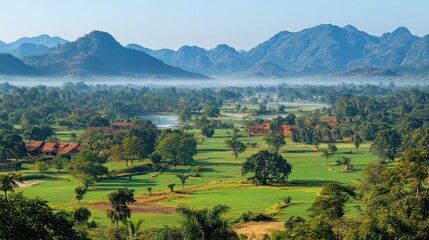 A misty valley with a river flowing through it, surrounded by lush green fields and mountains in the distance.