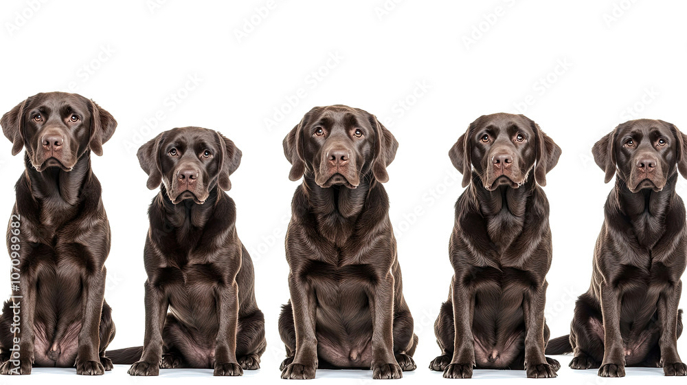 Poster five chocolate labs on a white background generative ai