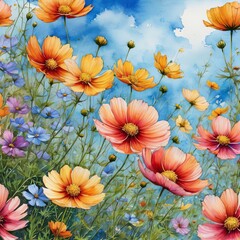 Lush garden of cosmos flowers painted in vivid colors beneath deep blue sky. Blossoms in full bloom wave gracefully, infusing scene with vibrant energy, tranquility, perfect for nature lovers, print.