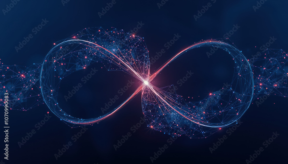 Poster glowing infinity symbol made of interconnected nodes and lines on dark background, representing endl