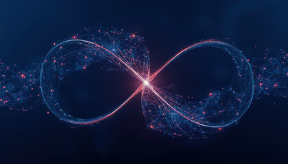 glowing infinity symbol made of interconnected nodes and lines on dark background, representing endless possibilities and connectivity