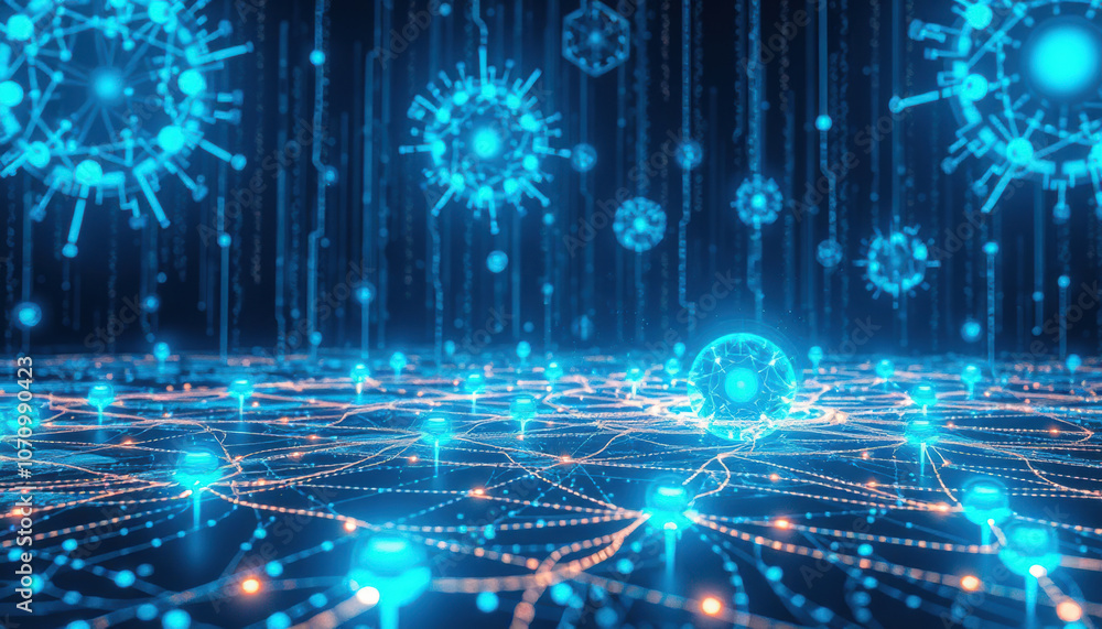 Poster glowing network of interconnected nodes and digital viruses represents cybersecurity challenges in d