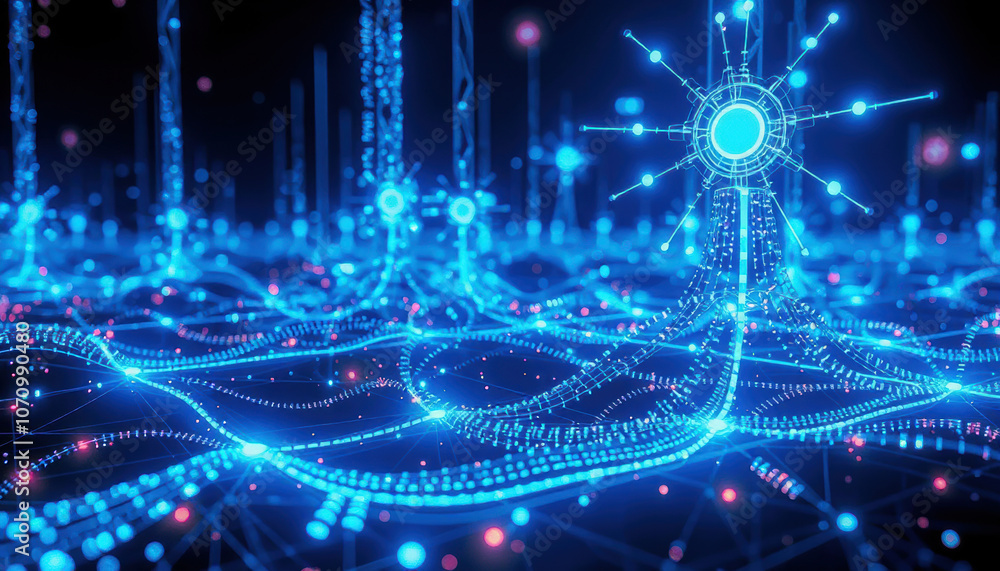 Poster glowing network of interconnected nodes and lines creates futuristic digital landscape, symbolizing 
