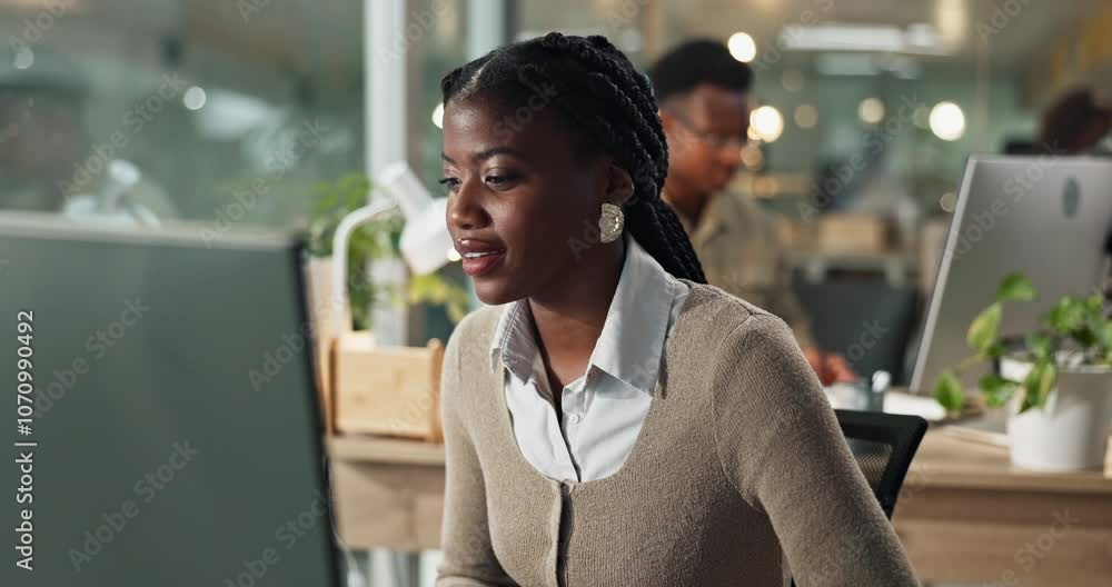 Poster african woman, reading and computer with smile, thinking or progress with project at media company. 