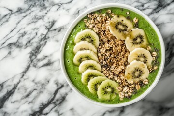 Overhead shot of a green detox smoothie bowl, topped with kiwi, banana slices, and granola, placed on a marble countertop.