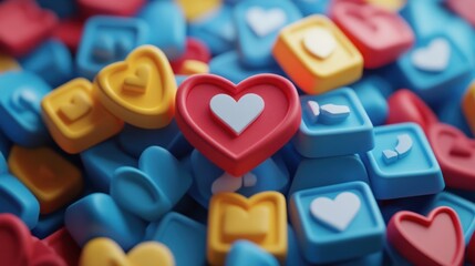 A colorful assortment of heart-shaped and social media-themed buttons or tokens.