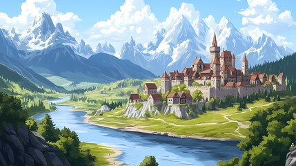 Fototapeta premium Medieval fantasy city built over hills, view of the river and mountains. Fantasy. Illustration
