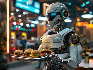 Fototapeta premium Humanoid Robot Delivering Fast Food in a Modern Restaurant