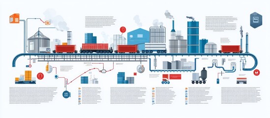 Industrial infographic with factories, transportation, and production processes.